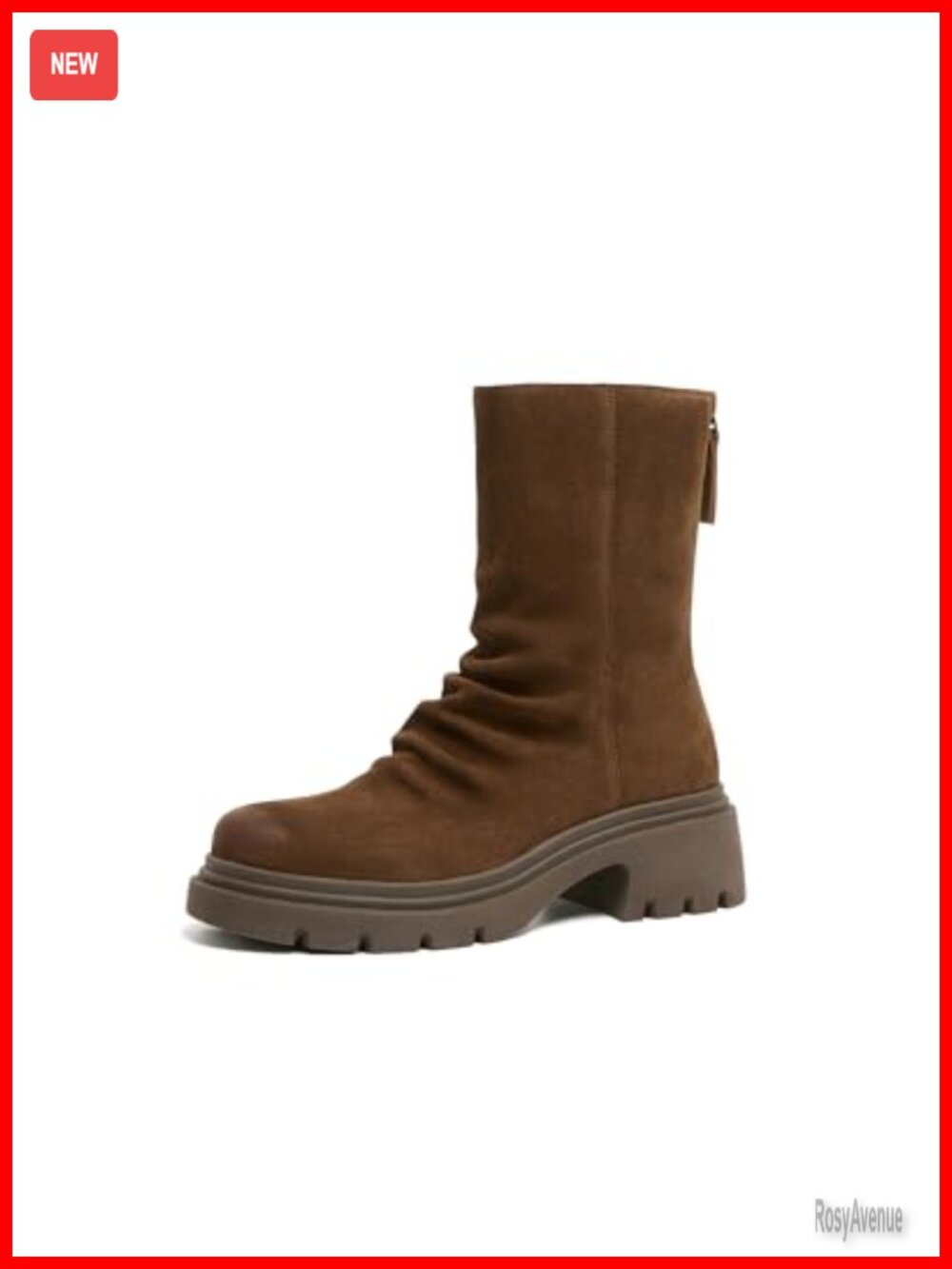 Leather Suede Mid-Calf Slouch Boot Ruched Platform Low Heel Back Zip